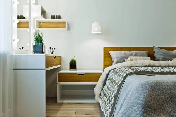 Interior del dormitorio moderno en colores cálidos con paneles de madera . —  Fotos de Stock