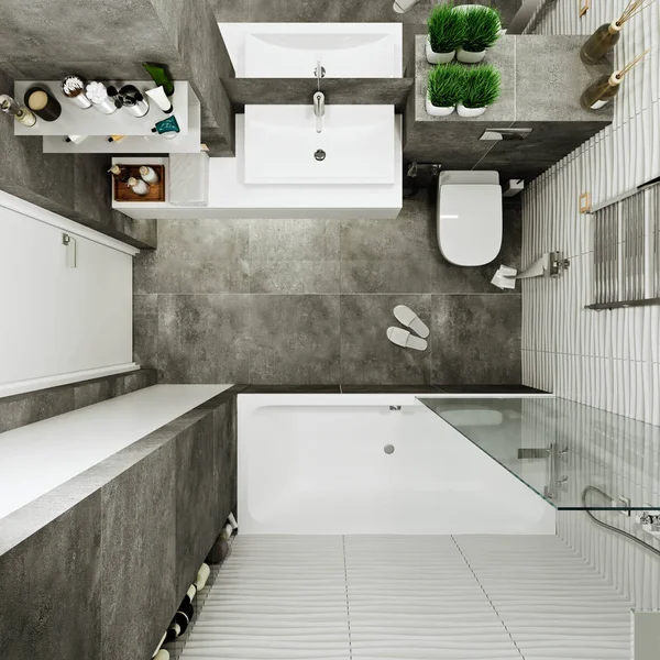 Design moderno bagno con piastrelle sotto cemento e onda — Foto Stock