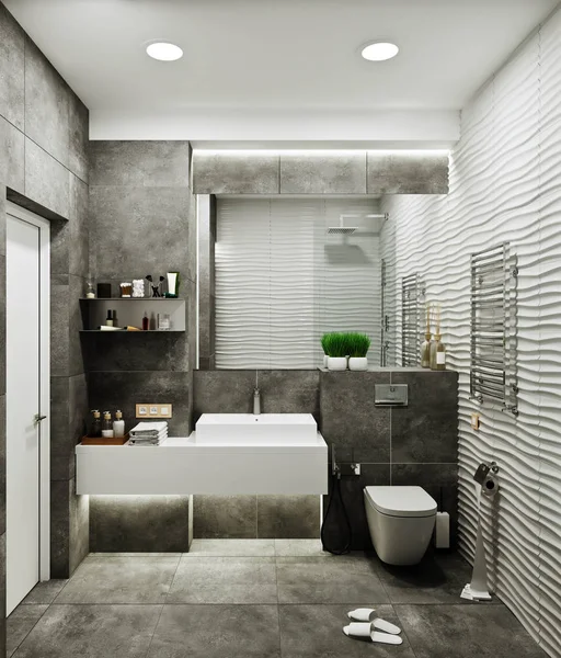 Design moderno bagno con piastrelle sotto cemento e onda — Foto Stock