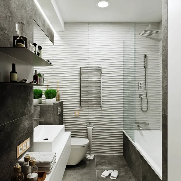 Modern bathroom design with tiles under concrete and wave — Stock Photo, Image