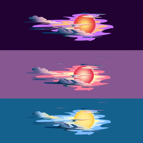 Solen Vid Solnedgången Molnen Färgglada Bakgrunder Färdiga Vektorillustration — Stock vektor