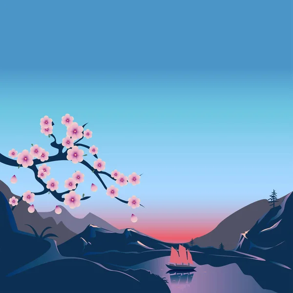 Rózsaszín Naplemente Tenger Felett Egy Vitorlás Sakura Pihenj Természetben Turista — Stock Vector