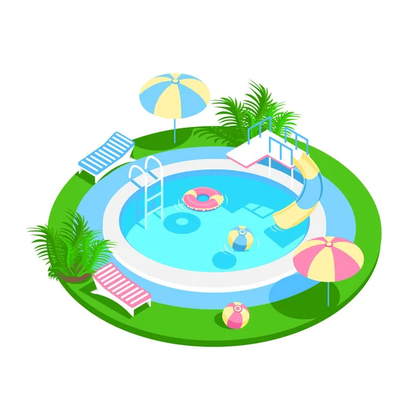 階段と澄んだ水とアイソメトリックスイミングプール プールで夏休み 夏の楽しみのカラフルなイメージ 白を基調としたベクトルイラスト — ストックベクタ