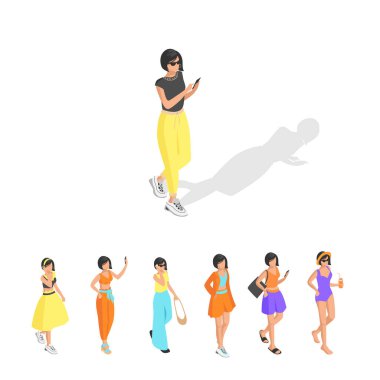 Modaya uygun kız izometrik set. Farklı giysiler içinde güzel bir kız. Yaz modası. İnsanlar izometrik. Beyaz arkaplanda izole edilmiş vektör çizimleri kümesi.