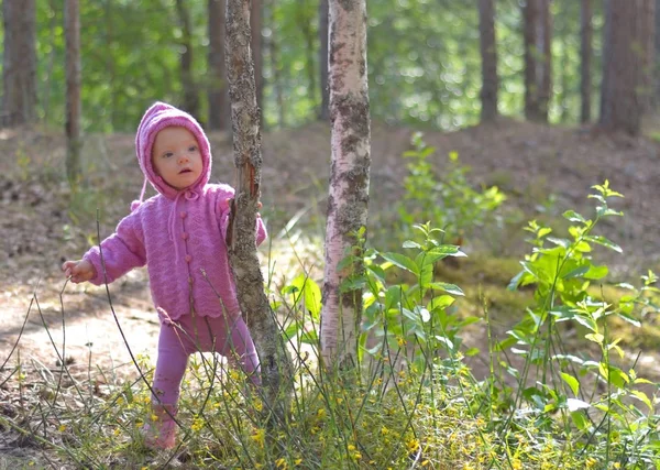 Küçük Kız Tek Başına Ormanda Yürüyor — Stok fotoğraf
