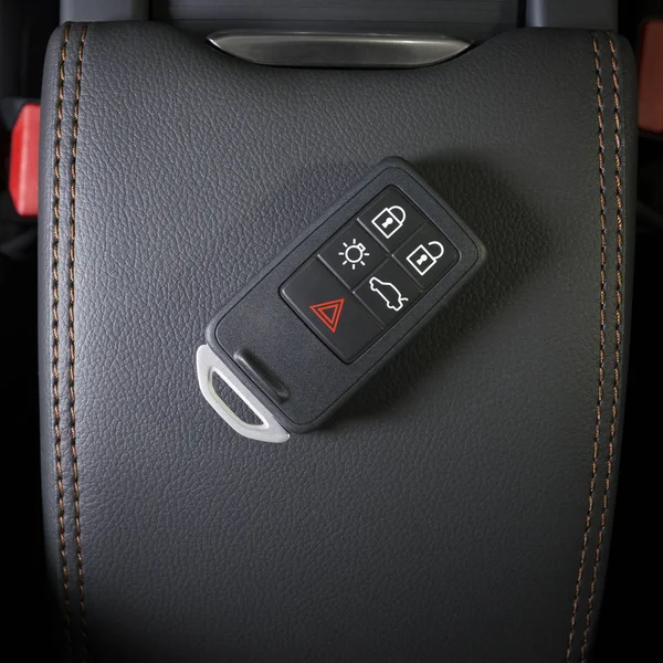 Wireless Car Key Modern Car Interior Black Leather Red Stitch — Stock Photo, Image