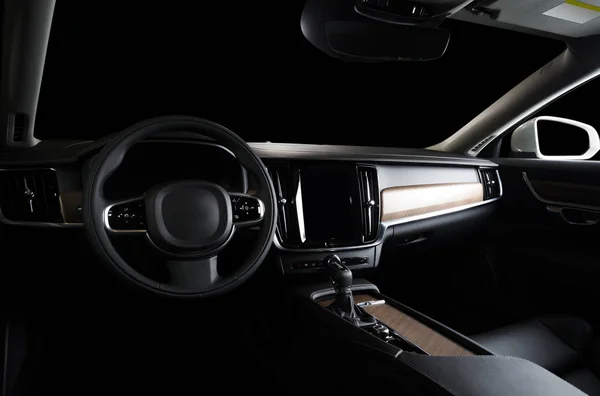 Donkere Luxeauto Interieur Stuurwiel Verschuiving Hefboom Het Dashboard Auto Interieur — Stockfoto
