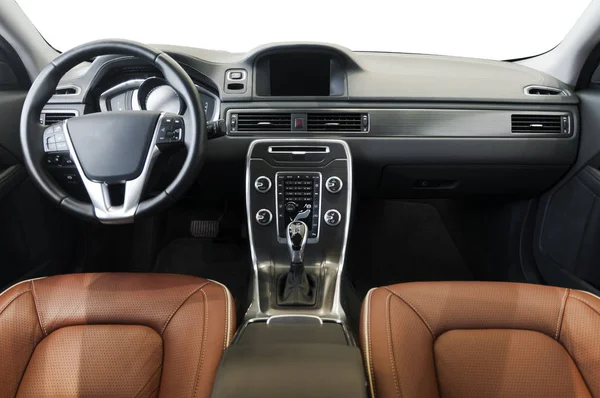 Dark Luxury Car Interior Steering Wheel Shift Lever Dashboard Car — Stock Photo, Image