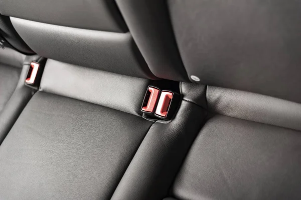 Part Black Leather Car Seat Detail Focus Red Safety Belt — Stock Photo, Image