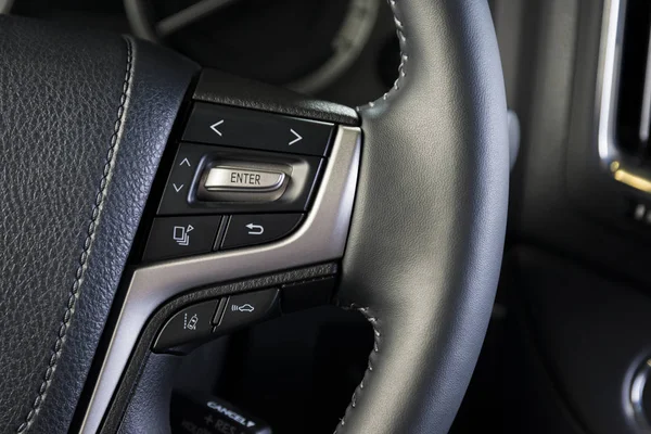 Botões Controle Mídia Volante Detalhes Modernos Interior Carro Luxo — Fotografia de Stock