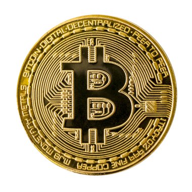 Bitcoin. Madeni para. Dijital para birimi. Kripto para birimi. Bitcoin sembollü altın para, beyaz arka planda izole edilmiş, stüdyo çekimi