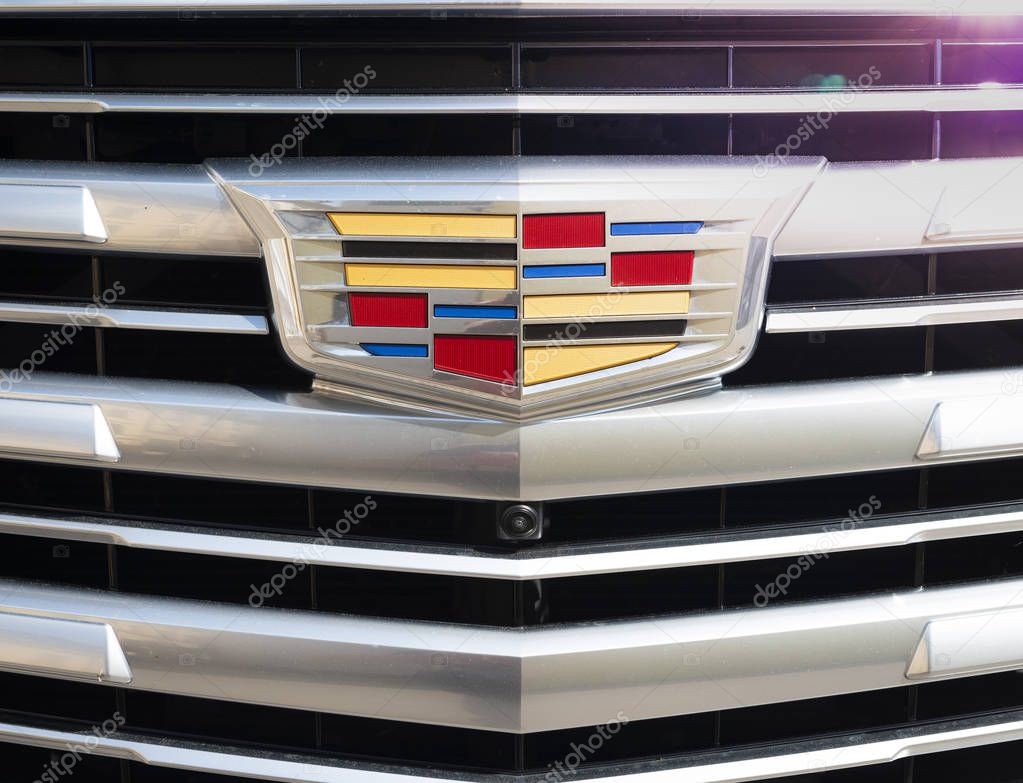 Riga, Latvia - May 14, 2018 :  Cadillac car manufacturing company logo on a car on the streets of Riga