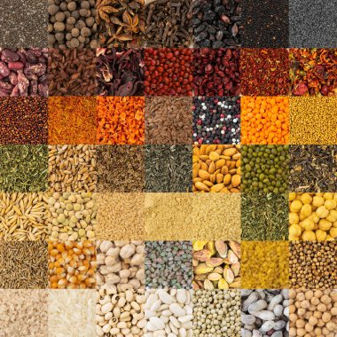 Kokulu baharat ve baharat koleksiyonu, kolaj arka planı