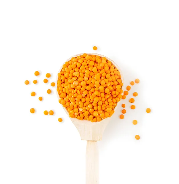 Lenticchie Biologiche Arancioni Cucchiaio Legno Isolato Fondo Bianco Steso Sfondo — Foto Stock