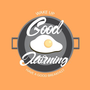 Metin yazı ile omlet kalbur üzerinde. Günaydın kalbur üzerinde yazı. Uyandır. İyi bir kahvaltı yapın. Vektör