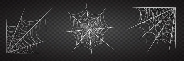 Spiderweb set, isolerad på svart transparent bakgrund. Cobweb för halloween, läskig, skrämmande, skräckdekor med spindlar. — Stock vektor