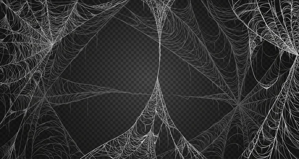 Cobweb Realismus gesetzt. Vereinzelt auf schwarzem, transparentem Hintergrund. Spinnennetz für Halloween, Gruseliges, Gruseliges, Gruseliges — Stockvektor