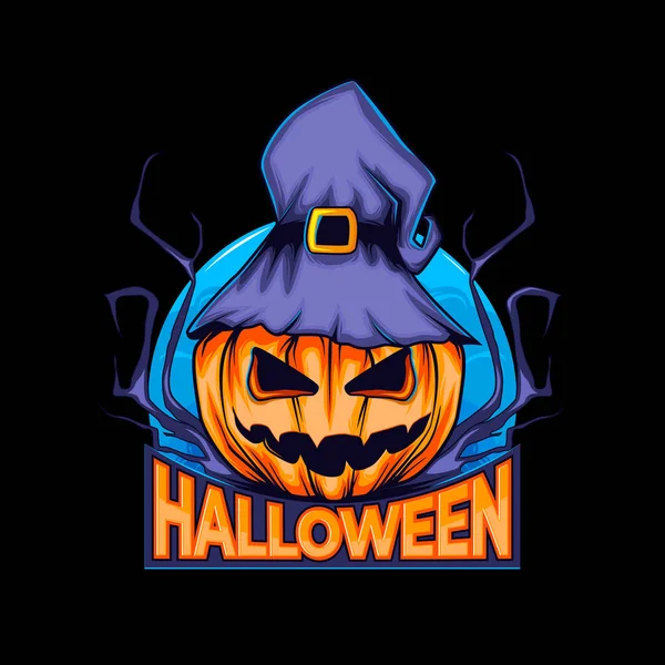Logo Halloween Kürbis Mit Hexenhut Und Nachtmond Cartoon Stil Vektor — Stockvektor