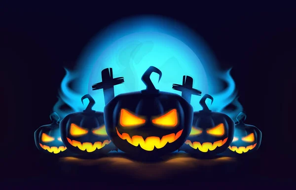 Mistyczna Dynia Halloween Płonącymi Oczami Dym Księżyc Realistycznym Stylu Halloween — Wektor stockowy