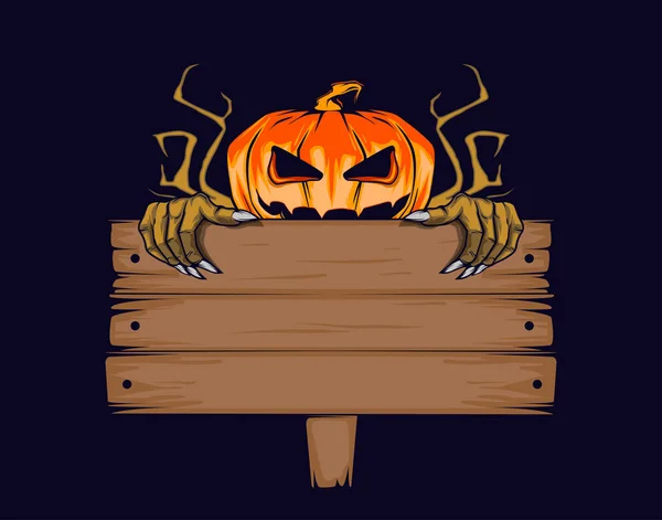 Halloween-Kürbis mit Tablette zur Inschrift. Beängstigende Hände. Vektorillustration im Cartoon-Stil. — Stockvektor