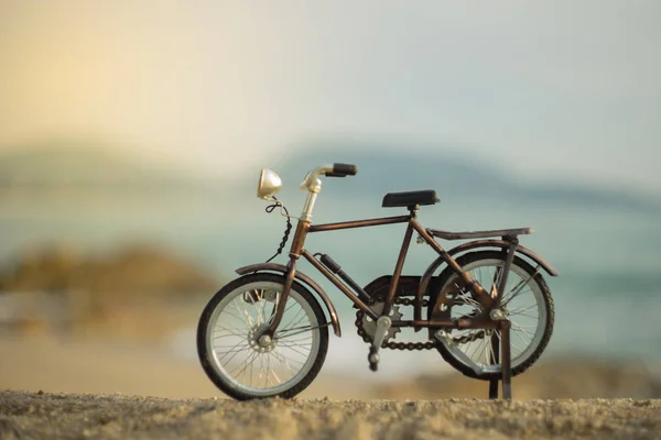 Bicycle Transport Toy Sand Sea Beach Evening Sunset Sky Yellow — Stock Photo, Image