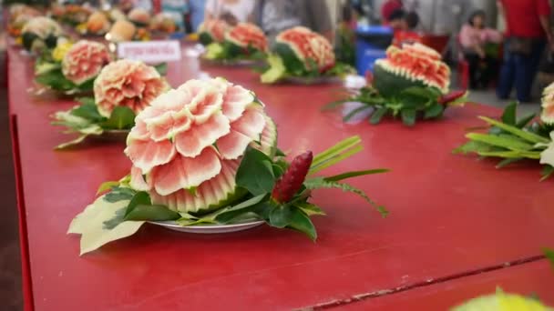 Πουκέτ Ταϊλάνδη Αυγούστου 2018 Σκαλιστά Φρούτα Για Γιορτάσουν Στην Παραδοσιακή — Αρχείο Βίντεο