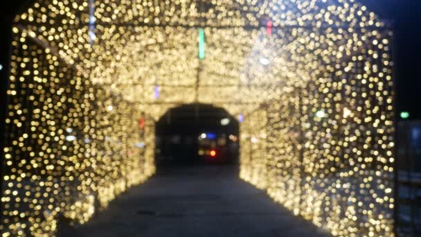 Tunelu Rozmazané Žluté Světlo Zlatý Bokeh Rozostření Pozadí Texturou Vánoce — Stock video