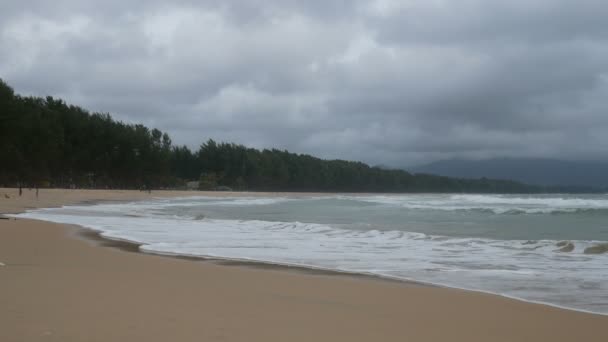 Hermosa Playa Arena Con Olas Suaves Agua Mar Día Nublado — Vídeos de Stock