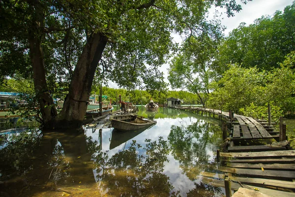 Viejo Puente Madera Paseo Pequeño Muelle Barco Pesca Cola Larga — Foto de Stock