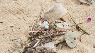 Çevre kirliliği. Ekolojik bir sorun. Garajlar, plastikler ve atıklar tropik denizin kumlu sahillerinde. 