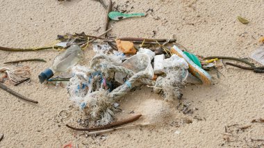 Çevre kirliliği. Ekolojik bir sorun. Garajlar, plastikler ve atıklar tropik denizin kumlu sahillerinde. 