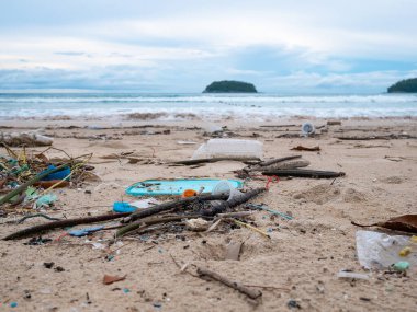 Çevre kirliliği. Ekolojik bir sorun. Garajlar, plastikler ve atıklar tropik denizin kumlu sahillerinde. Ada ve dağ arkaplanı.