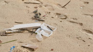 Çevre kirliliği. Ekolojik bir sorun. Garajlar, plastikler ve atıklar tropik denizin kumlu sahillerinde. 