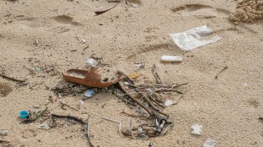 Çevre kirliliği. Ekolojik bir sorun. Garajlar, plastikler ve atıklar tropik denizin kumlu sahillerinde. 