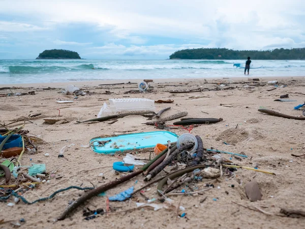 Umweltverschmutzung Ökologisches Problem Müll Plastik Und Abfälle Sandstrand Des Tropischen — Stockfoto