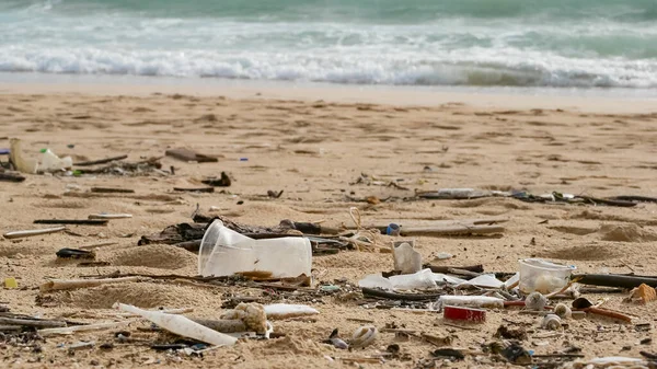 环境污染 生态问题 热带海域沙滩上的垃圾 塑料和废物 免版税图库图片