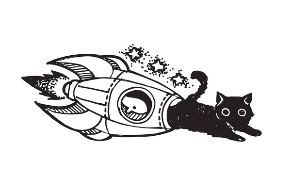 Handgezeichnete Doodle Rakete Katze — Stockvektor