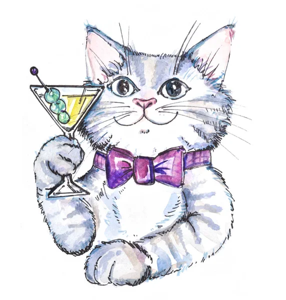 Gatto Acquerello Disegnato Mano Con Cocktail — Foto Stock