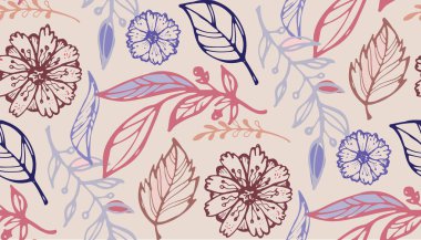 Elle çizilmiş doodle yaprakları ile çiçek desenli