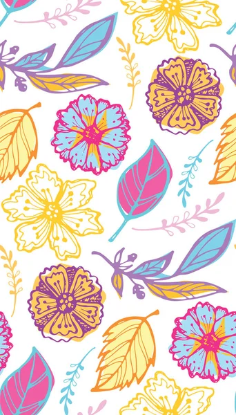 Fleurs Dessinées Main Fond Motif Doodle Feuilles Fleurs Textile Papier — Image vectorielle