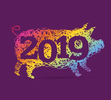 Mutlu yeni 2019 yılı - domuz elle çizilmiş karakter