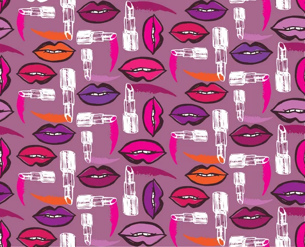 Hand drawn doodle lipstick kiss pattern background