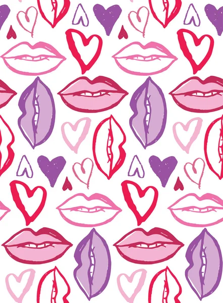 Dibujado Mano Doodle Moda Arte Patrón Fondo Beso Corazón Amor — Vector de stock