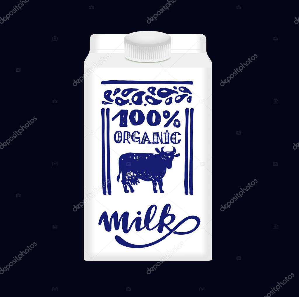 Hand drawn lettering label - natural 100% milk. Almond Milk.