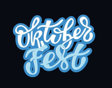 Oktoberfest logotürü. Bira Festivali vektör afiş. Çiçek çelenk ile tahta üzerinde Bavyera festival tasarım İllüstrasyon. Logo, poster, kart, kartpostal için mavi, beyaz yazı tipografisi