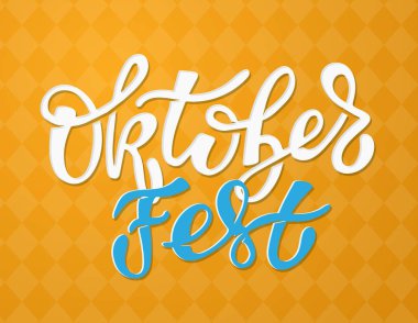 Oktoberfest logotürü. Bira Festivali vektör afiş. Çiçek çelenk ile tahta üzerinde Bavyera festival tasarım İllüstrasyon. Logo, poster, kart, kartpostal için mavi, beyaz yazı tipografisi