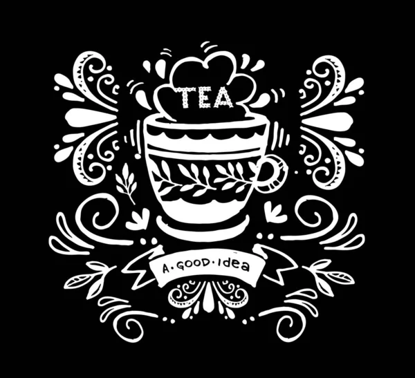 Tea Time Cute Hand Drawn Doodle Lettering Label Art Poster — Stock Vector