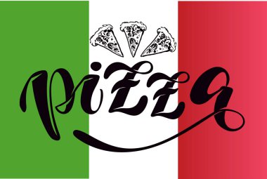 Sıcak İtalyan Pizza - sevimli el çizilmiş doodle yazı etiketi afiş afiş şablonu sanat