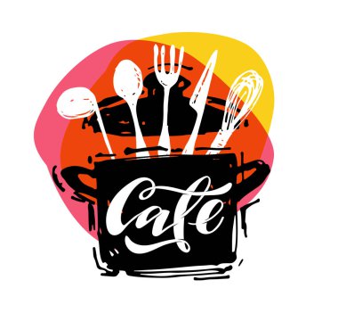 Sevimli el çizilmiş doodle mutfak yazı logo sanat - kafe, menü, tatlı. Şablon afiş afiş sanat stili