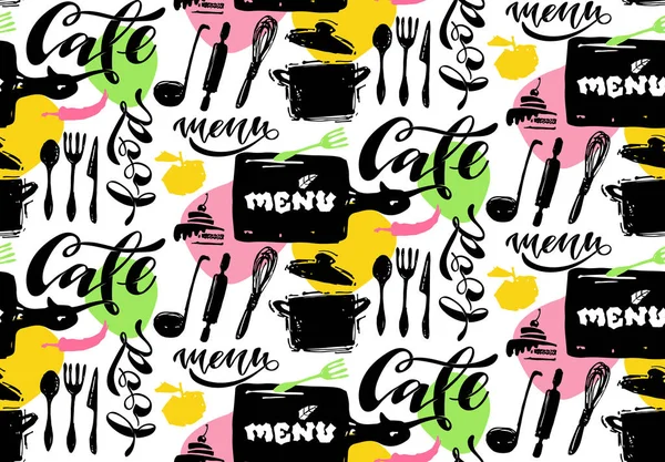 Cafe Food Menu Niedlich Handgezeichnet Doodle Schriftzug Muster Hintergrund Tapete — Stockvektor